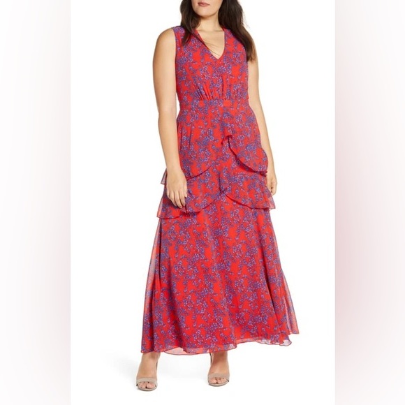 Charles Henry Dresses & Skirts - NWOT Charles Henry Maxi Dress Ruffle Front Red Blue Size Large